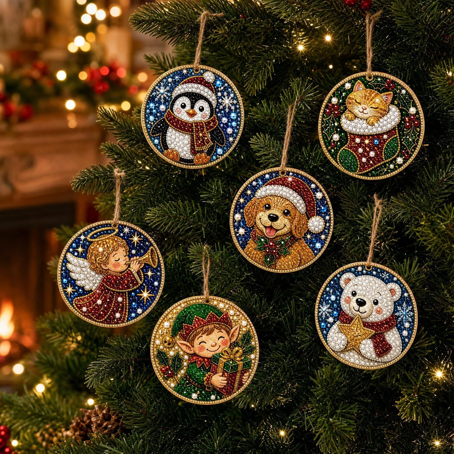 BibHoly 6PCS Christmas Wooden Ornaments DIY Pearl Diamond Painting Kit (#B)