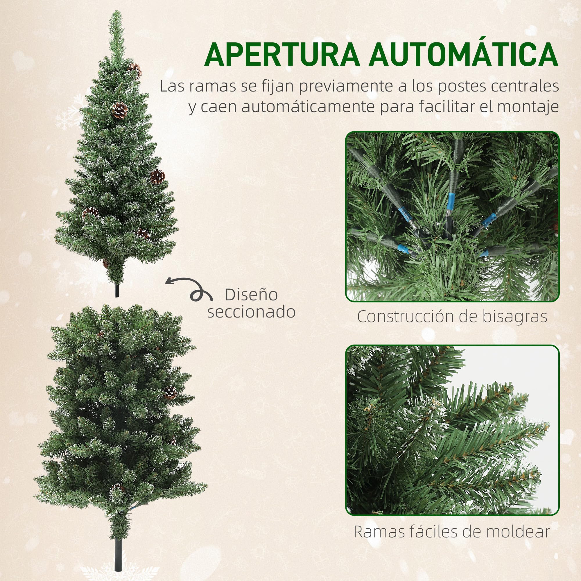 HOMCOM Árbol de Navidad Estrecho 150 cm Árbol de Navidad Artificial con 395 Ramas 30 Piñas y Soporte de Metal Árbol Navideño para Salón Interior Verde
