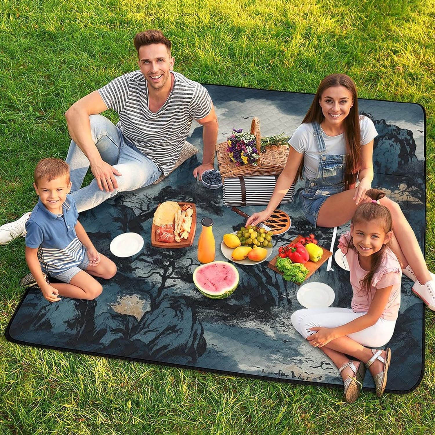 Picnic Blankets,Ink Style Painting Printed Picnic Blankets Waterproof Foldable,Large Picnic Blanket,Handy Mat Tote with Zipper Pocket for Camping on Grass
