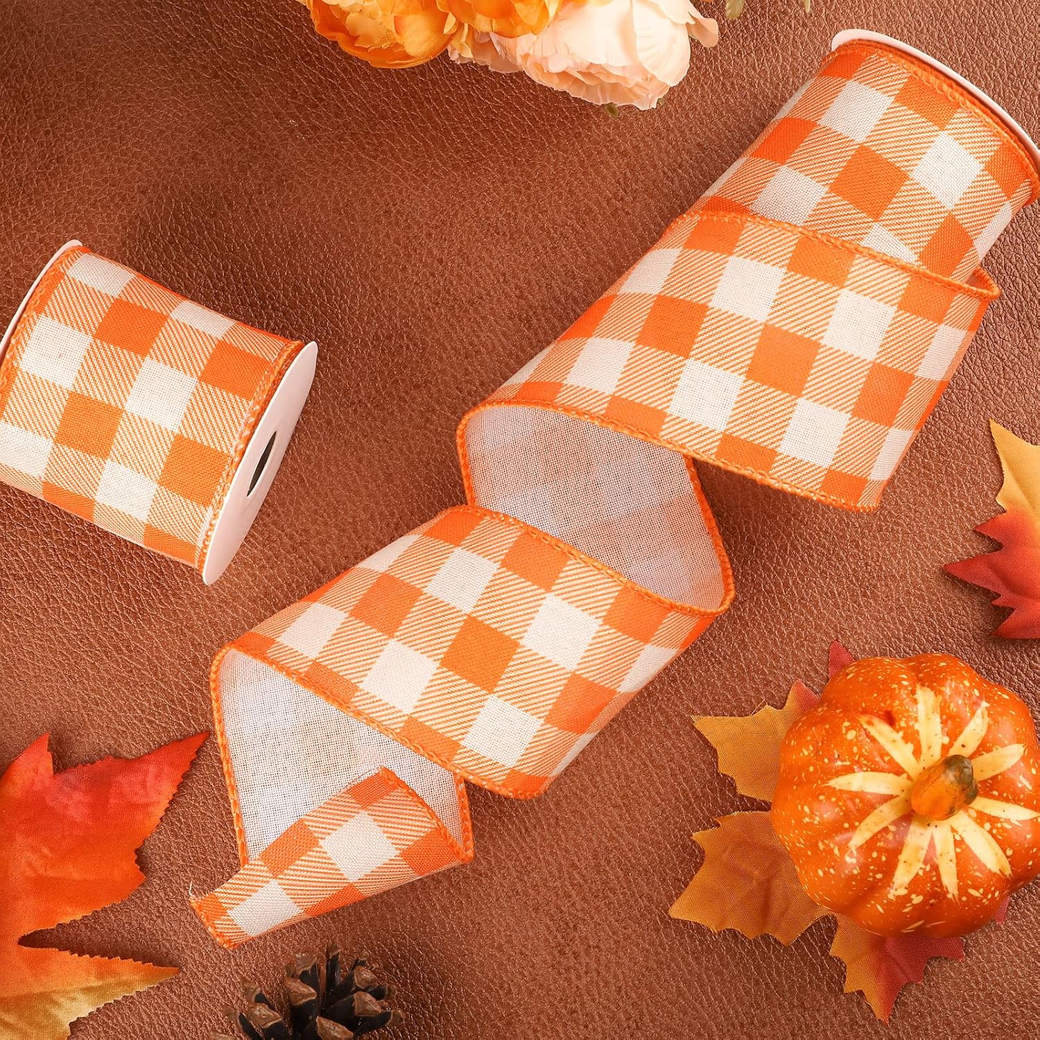 2 Rolls Fall Plaid Wired Edge Ribbon Buffalo Checkered Ribbon — view 4