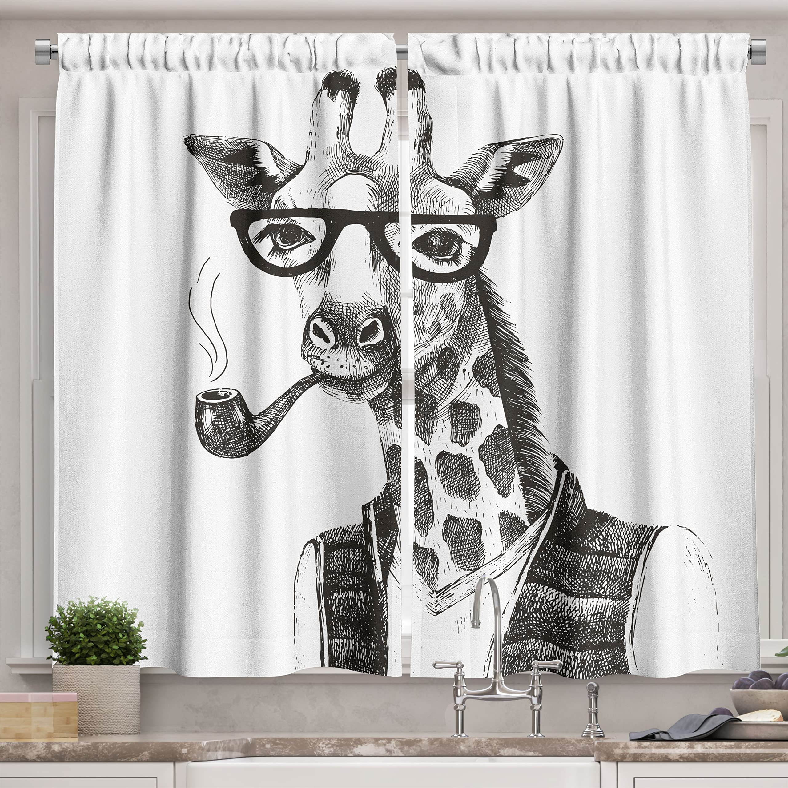 Ambesonne Quirky Long Kitchen Curtains, Giraffe Smoking Dressed up Zoo Animal Fun Hipster Style Drawing, Two Panels Drapes with Rod Pocket Room Decor, 55