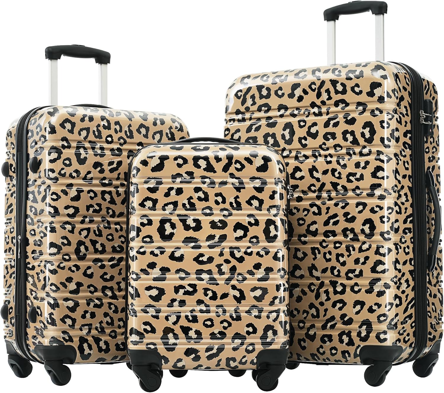 Merax Leopard Print Luggage Sets, 3 Piece Durable Suitcase Set with Spinner Wheels,Large Checked Travel Suitcases and Carry On Travel Luggage, 100% PC, TSA Lock,Brown - Image 1 of 9