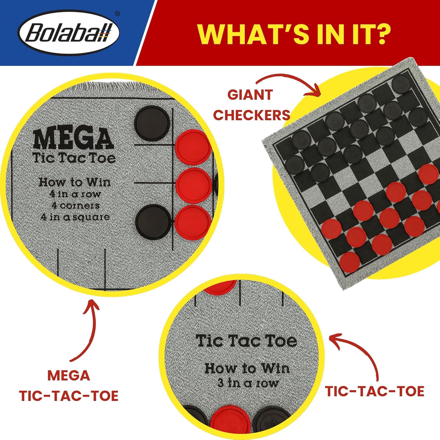 Bolaball 3-in-1 Jumbo Checkers & Tic Tac Toe Game Set with Carry Bag – Giant Outdoor Board Games, Family Games, Reversible 26" x 26" Board, 24 Easy-Grip Chips, for 13+ Age