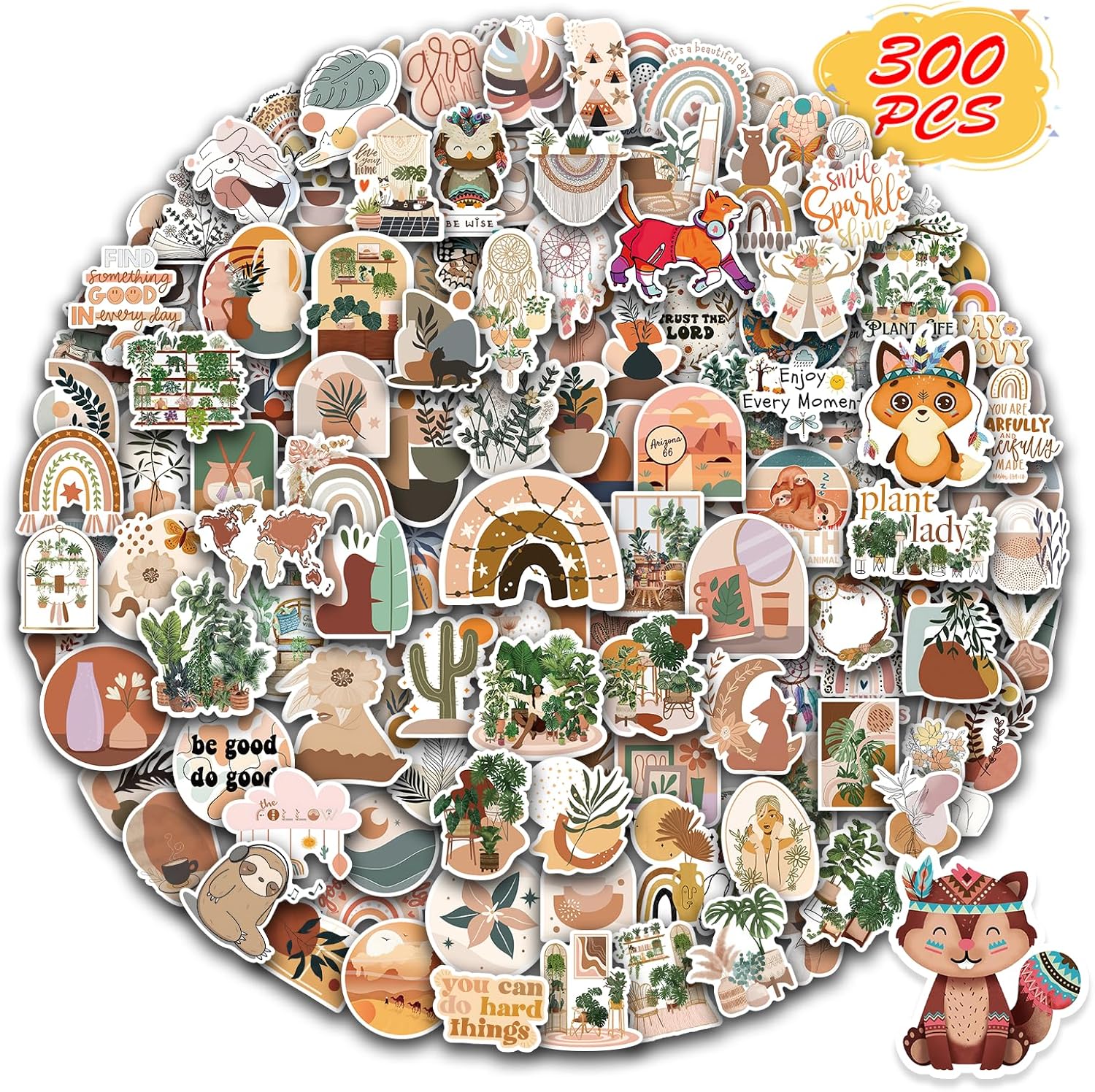 300 PCS Aesthetic Boho Stickers, Cute Vinyl Waterproof Stickers for Water Bottles Laptop Phone Journaling Scrapbook Junk Journal, Scrapbooking Supplies Kit, Sticker Packs for Adults Teens