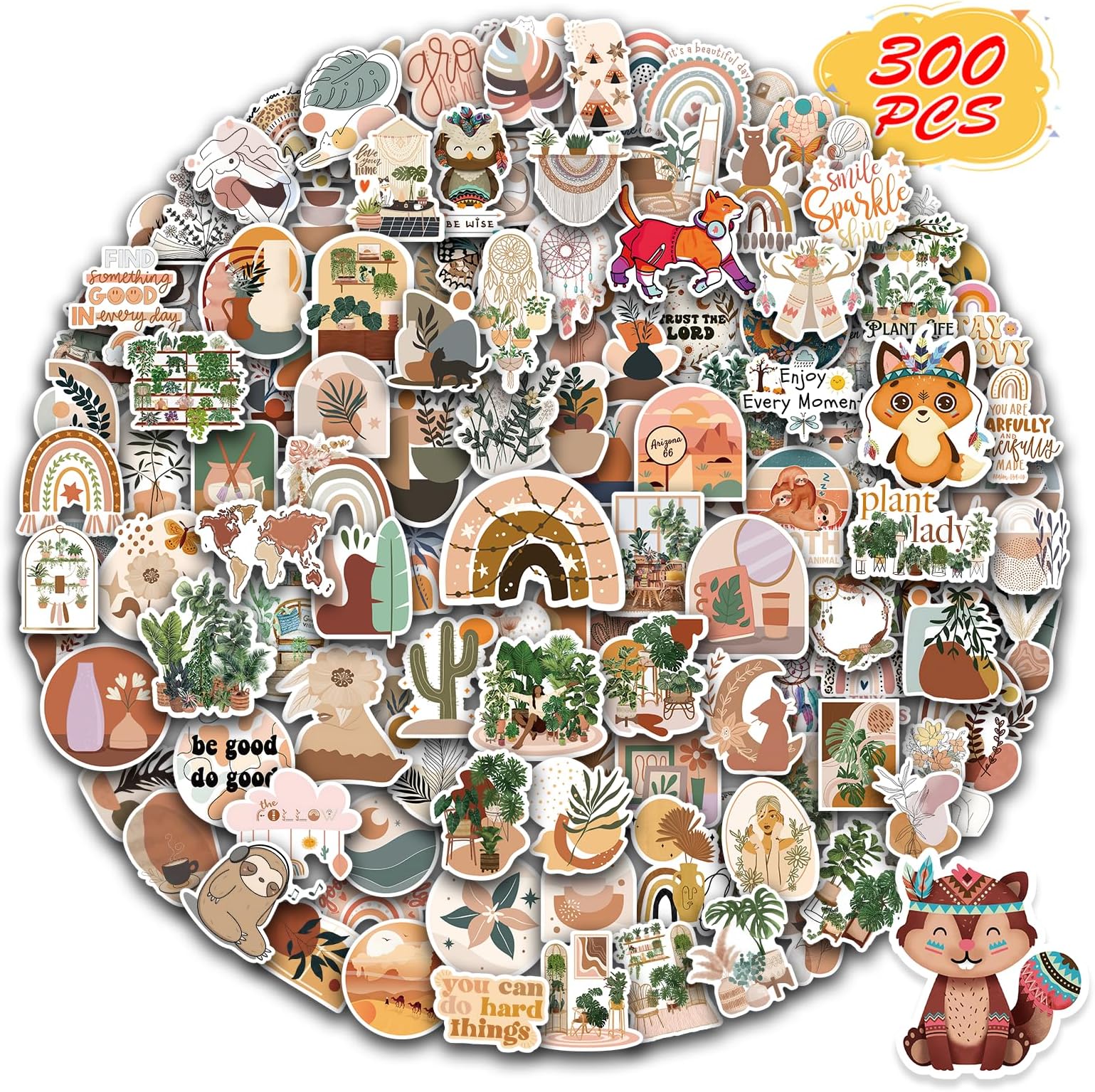BarrelTree - 300 PCS Aesthetic Boho Stickers, Cute Vinyl Waterproof Stickers for Water Bottles Laptop Phone Journaling Scrapbook Junk Journal, Scrapbooking Supplies Kit, Sticker Packs for Adults Teens