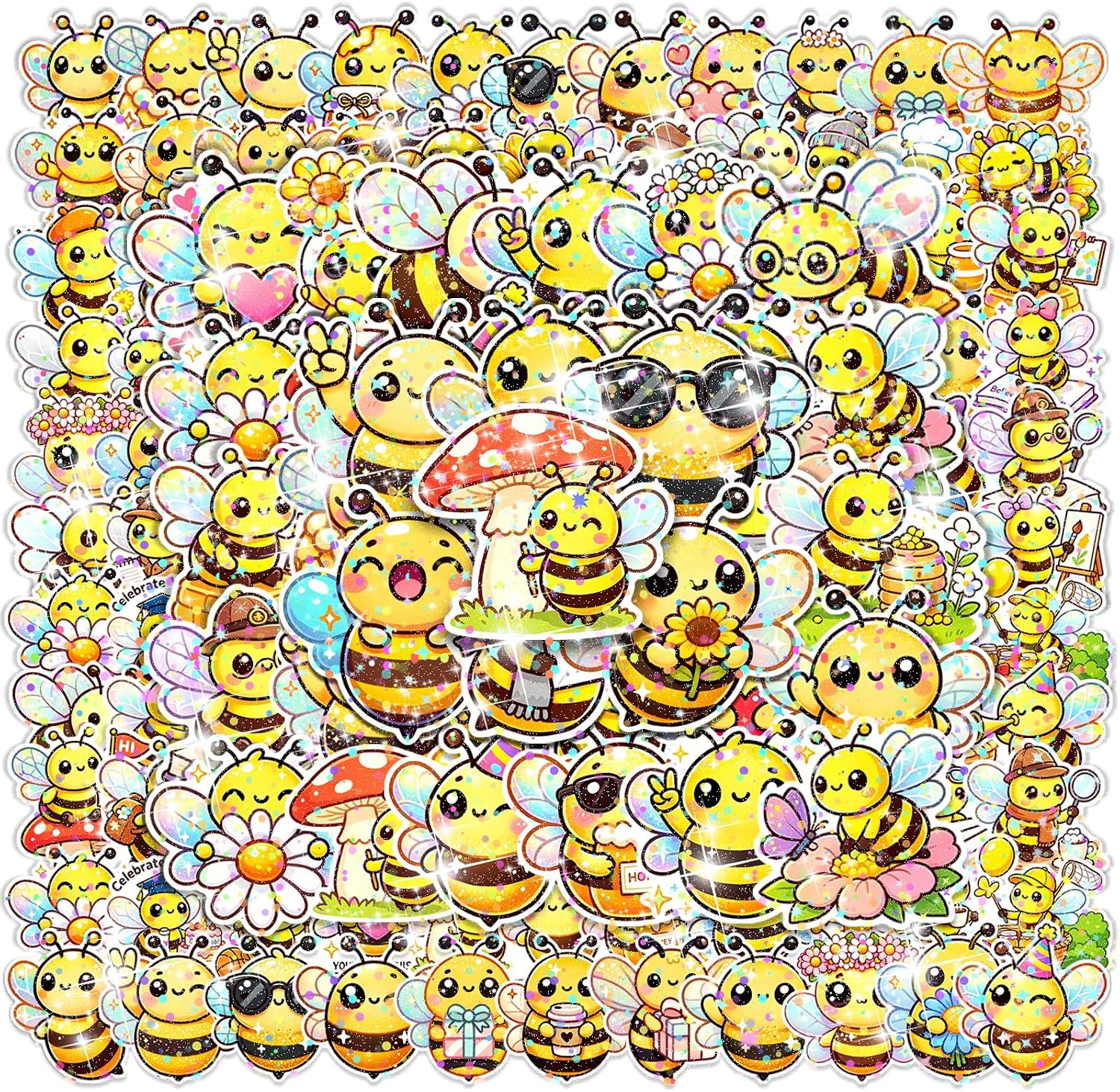 100Pcs Bee Theme Waterproof Vinyl Glitter Holographic Stickers Positive Bee Stickers Cute Bee Decor & Party Favors Decorations for Water Bottle Bumper Car Laptop Skateboard