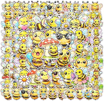 100Pcs Bee Theme Waterproof Vinyl Glitter Holographic Stickers Positive Bee Stickers Cute Bee Decor & Party Favors Decorations for Water Bottle Bumper Car Laptop Skateboard