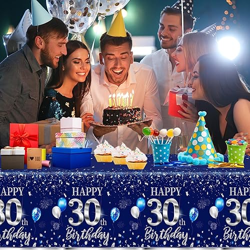 Miniatura 2 de GREHUMOR Mantel de feliz cumpleaños de 3 piezas, color azul plateado, suministros para fiesta de cumpleaños 30, funda de mesa desechable de plástico
