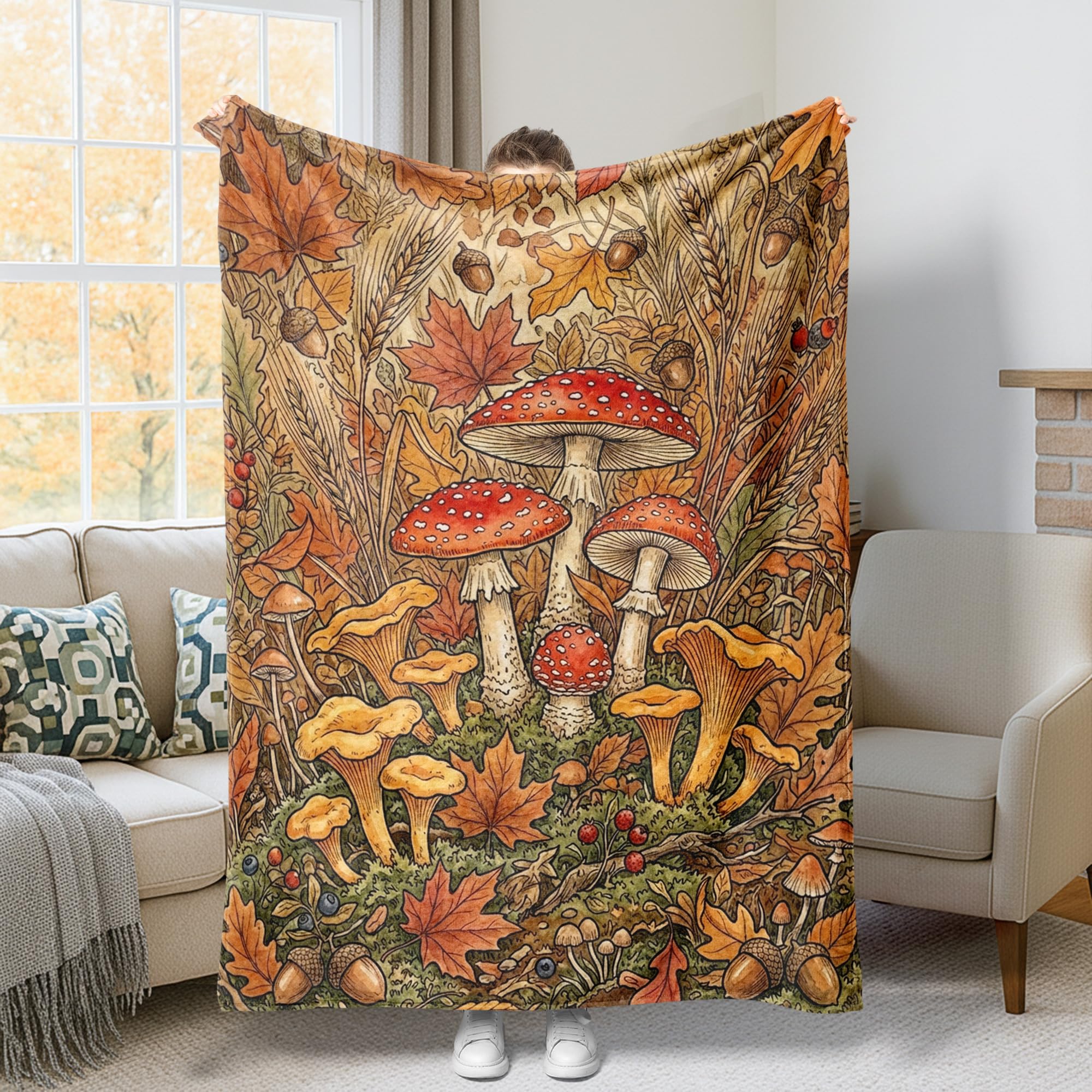 Couverture champignons automne jeté de lit douillet pour une déco de canapé rustique