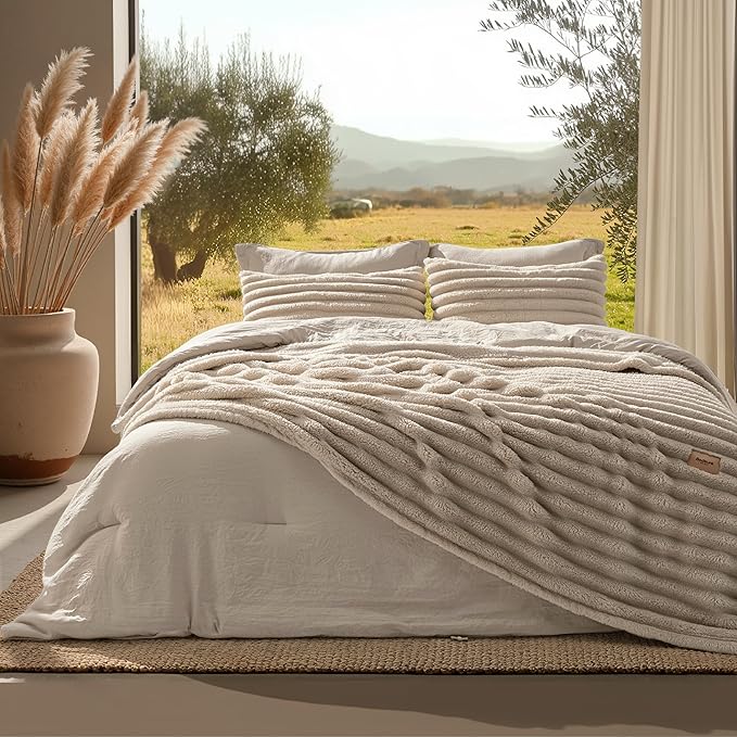 2-in-1 Queen Comforter Set and Detachable Fluffy Blanket, Beige Bedding Set (Includes 2 Pillow Shams, 2 Pillowcases) l Bedsure