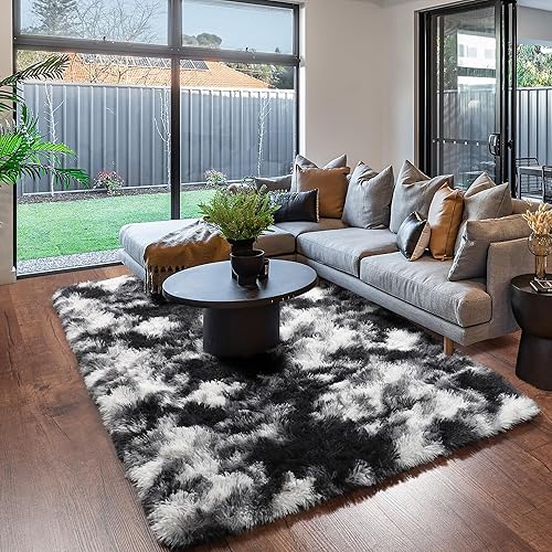 Miniatura 4 de Amdrebio Alfombra de área negra, blanca y gris para dormitorio, alfombra moderna y esponjosa para sala de estar, alfombra de felpa peluda para