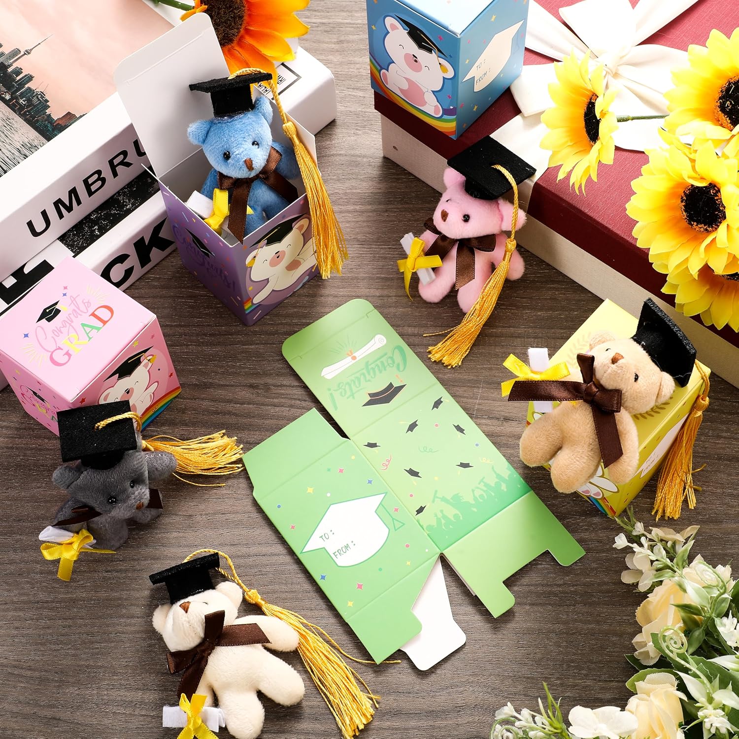 24 Set Mini Graduation Plush Bear with Graduation Gifts Box Graduate Stuffed Animal Keychain with Cap Gift Set for 2026 Graduations Party Graduations Decoration Classroom Exchange Gift