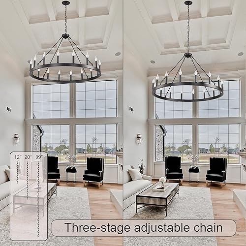 Miniatura 6 de Lámpara de araña grande de 40 pulgadas, color negro, con ruedas de carro, rústicas, redondas, de 16 luces, para exteriores, porche, techos altos,