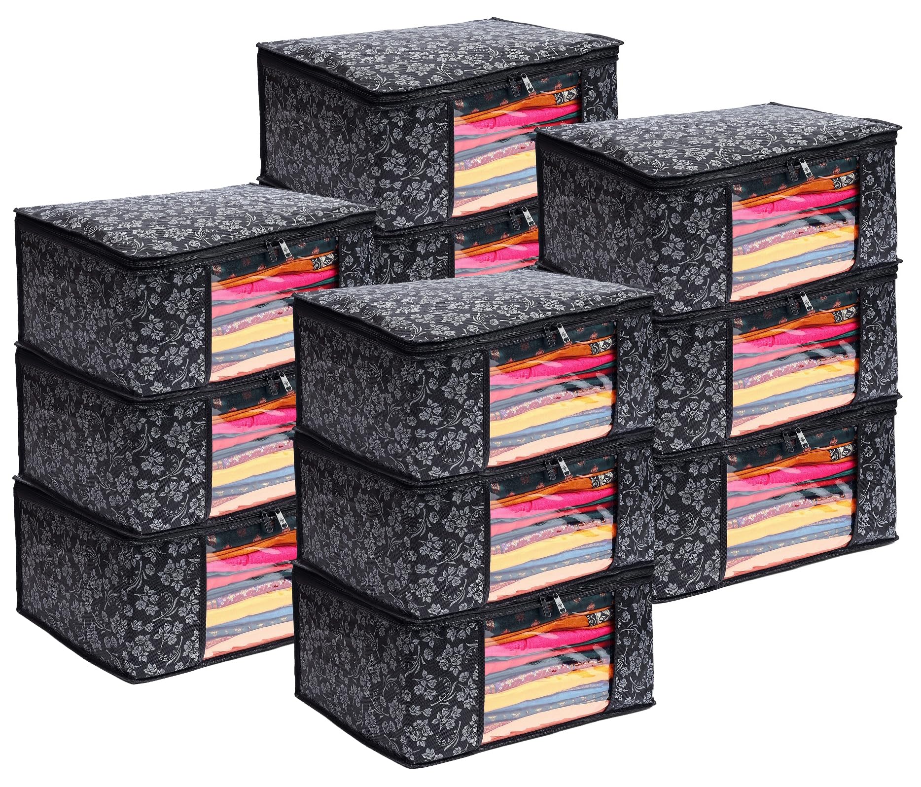 LAXIS® Saree Covers With Zip Non-Woven Printed Saree Cover/Saree Organizer For Wardrobe/Cloth Storage With Transparent Window/Saree Bags Storage/Clothes Organizer (Black- Pack of 12)