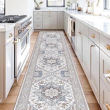 OPPODREAM Soft Entryway Rug 2x10, 2x10 Rug Runner, Neutral Washable Hallways Carpet 2 x 10 with Non Slip Backing, Low-Pile Bedside Carpet 2 x 10, Long, Faux Cashmere, Cream White & Blue & Light Brown