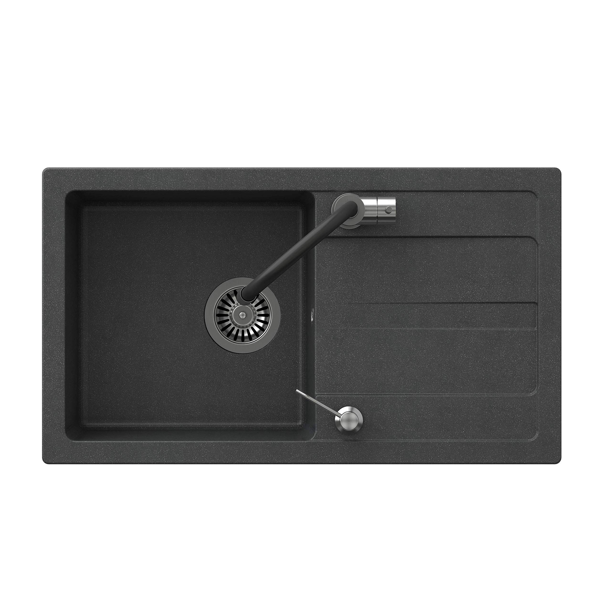 VBChome Spülbecken mit Armatur 77 x 44 cm Schwarz Einzelbecken Einbauspüle Abtroffläche gesprenkelt reversibel Verbundspüle + Siphon Spülmittelspender Armatur