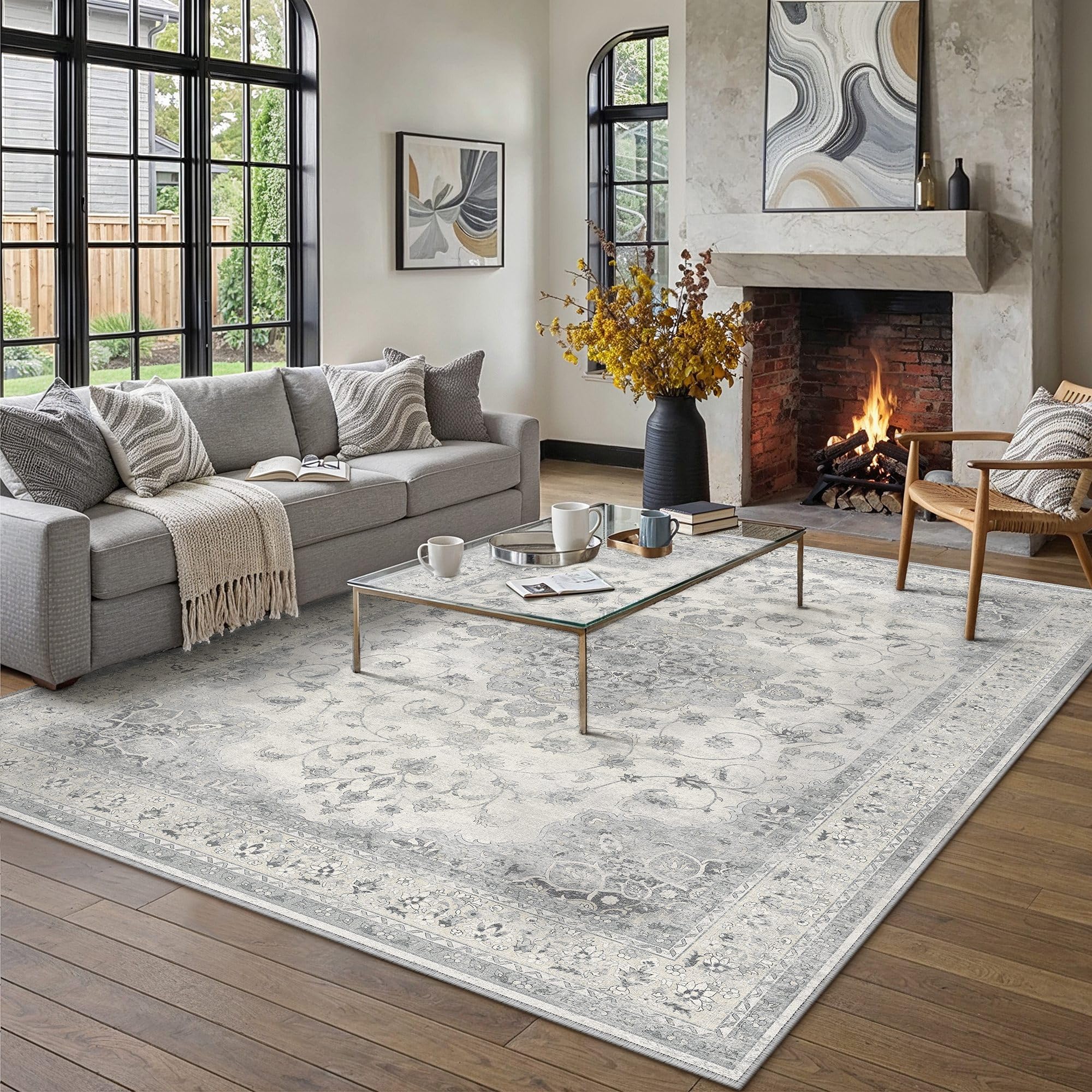 hugear machine washable area rugs 8x10 vintage grey large living room bedroom rug neutral style non slip stain resistant low pile throw carpet for home retro aesthetic modern decor