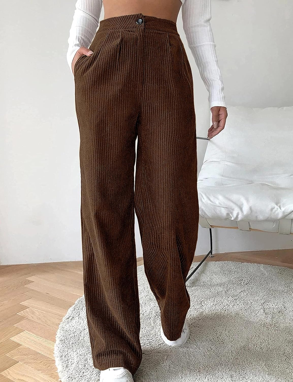 SCUSTY Women's Vintage Corduroy High Elastic Waist Wide Leg Pocketed Pants Trouser - Image 5