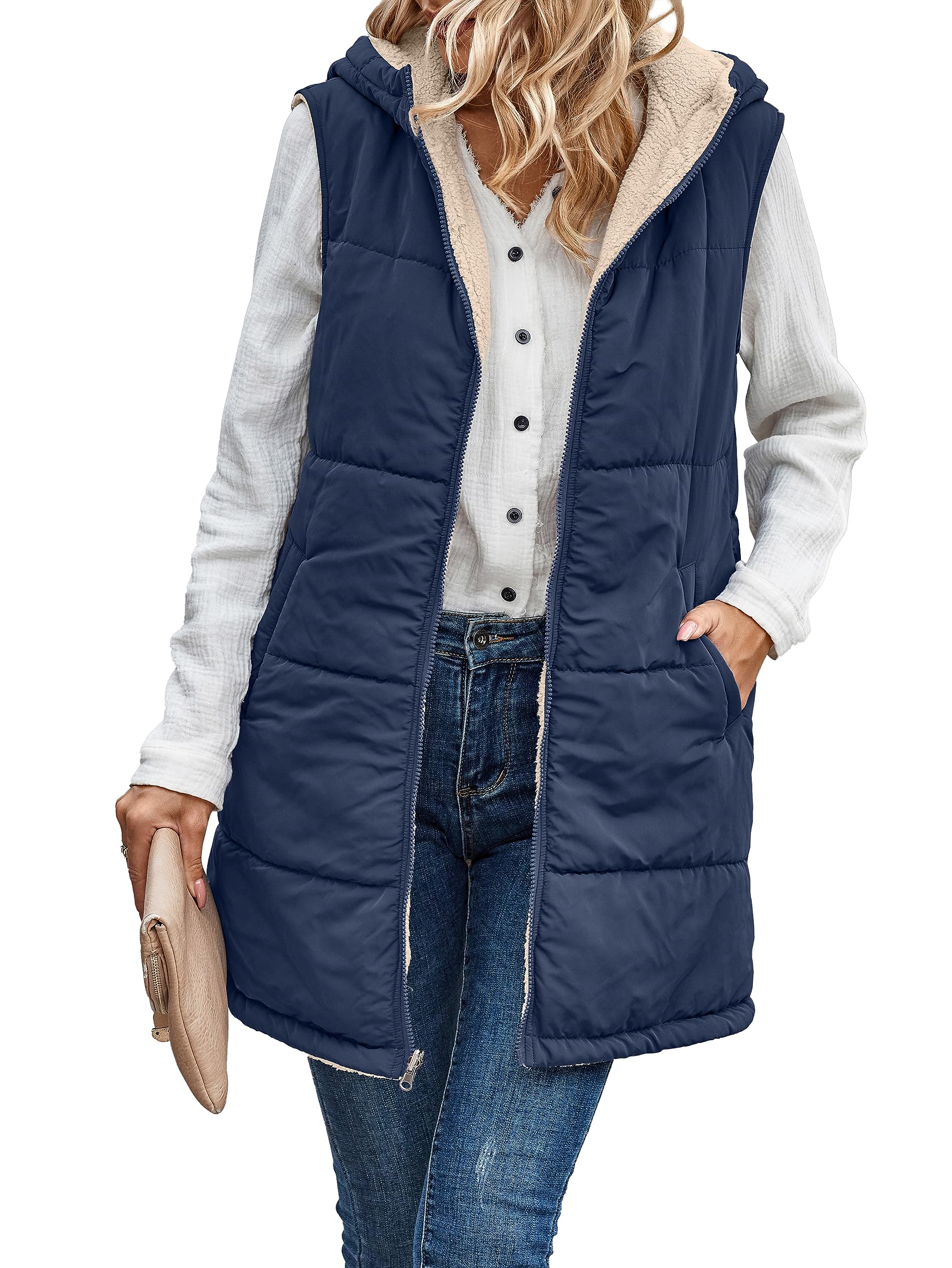 Famulily Chalecos largos de forro polar para mujer, acolchados, reversibles, sin mangas, con cremallera