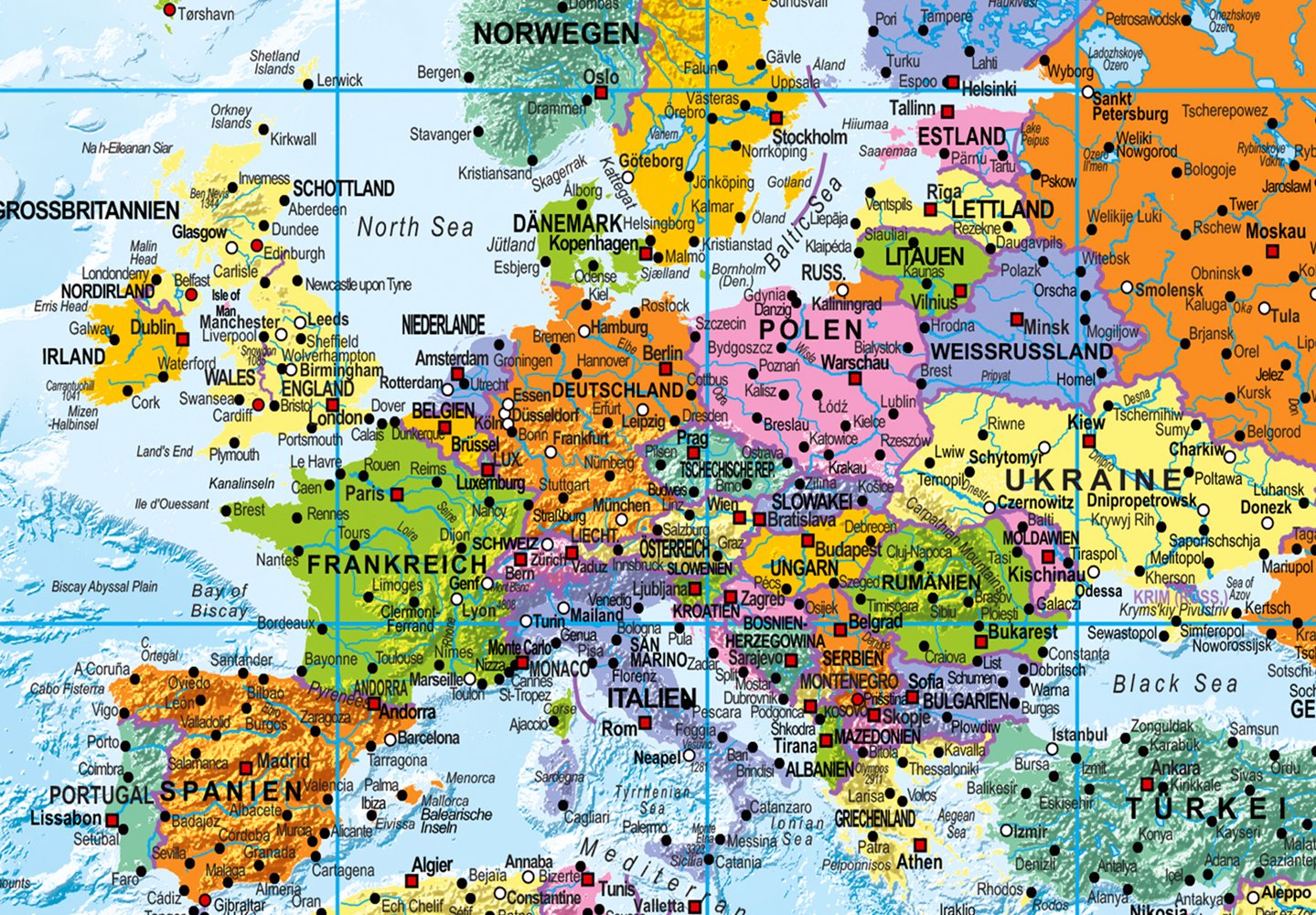 B&D XXL deutsch Weltkarte Pinnwand Kork & Vlies Leinwand Bilder 120x80cm XXL Zum Pinnen Groß Wandbild Rückwand Set mit 50 Markierfähnchen Wanddeko - Pins Deko Korktafel Lernkarte Landkarte World Map