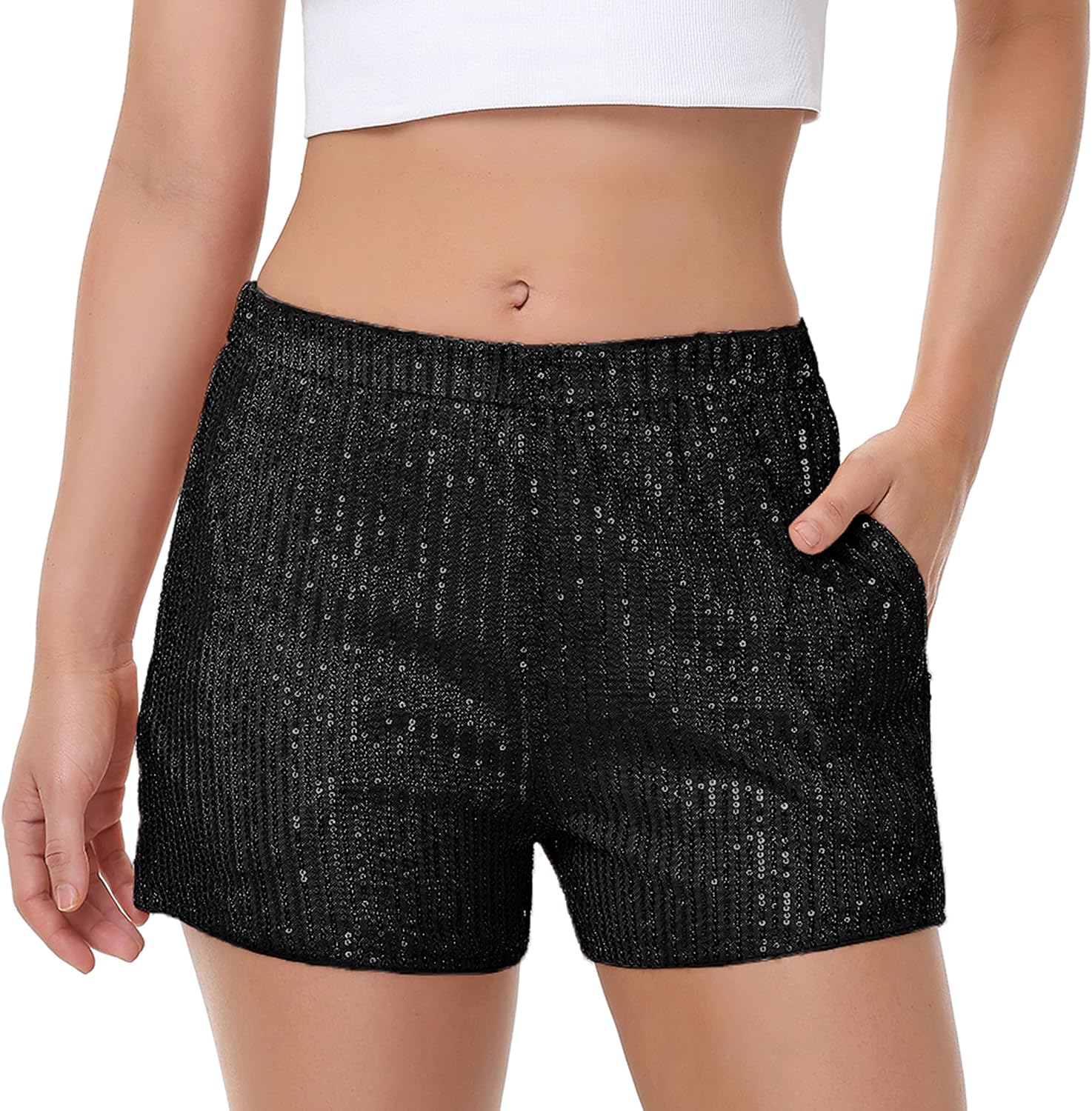 Anna-Kaci Women's Sparkly Sequin Shorts Elastic Waist Summer Straight Leg Glitter Party Shorts - Image 3