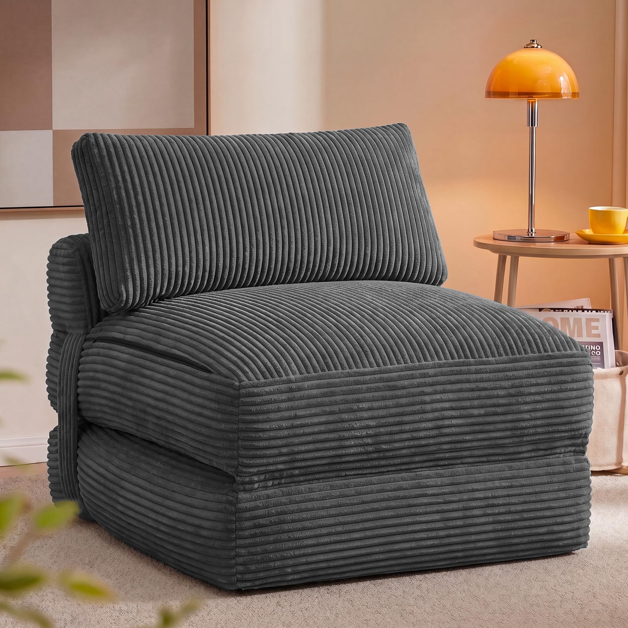 VASAGLE Schlafsessel aus Cord und Schaumstoff, Faltbares Sofabett mit Kissen, 89 x 89 x 78 cm / 89 x 195 x 43 cm, Bleigrau, für Gästezimmer, Camila Kollektion LCS211G101