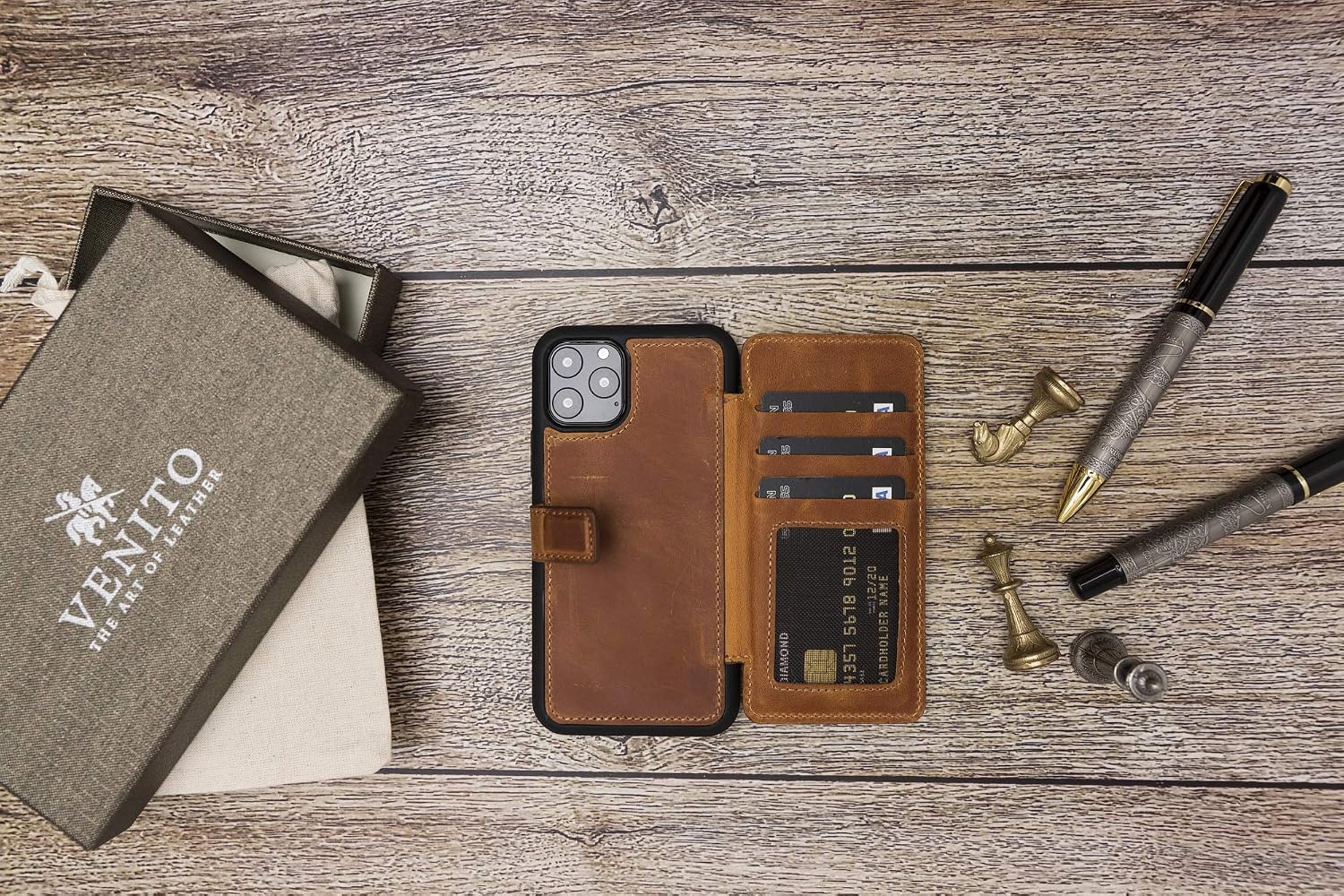 Venito Verona Leather Phone Case Compatible with iPhone 11 Pro (5.8 inch) - RFID Blocking Snap-On Flip Back Cover Slim Phone Wallet Case - Antique Brown