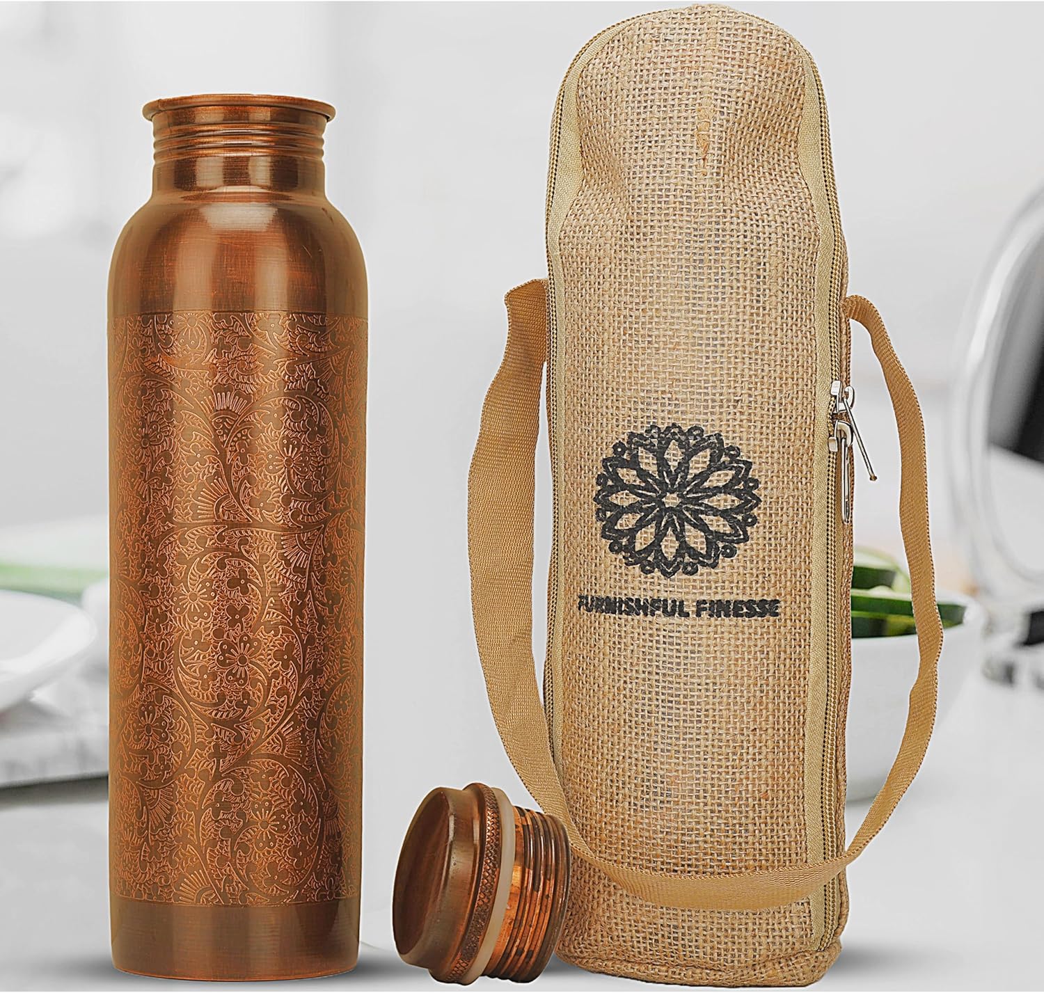 34 Ounce Antique Copper Bottle 1000 ml Pure Copper Water Bottles with Canvas Carry Bag for Sports, Gym Yoga, Hiking, Handmade Antique Ayurvedic Vessel 1 liter - Pack of 2