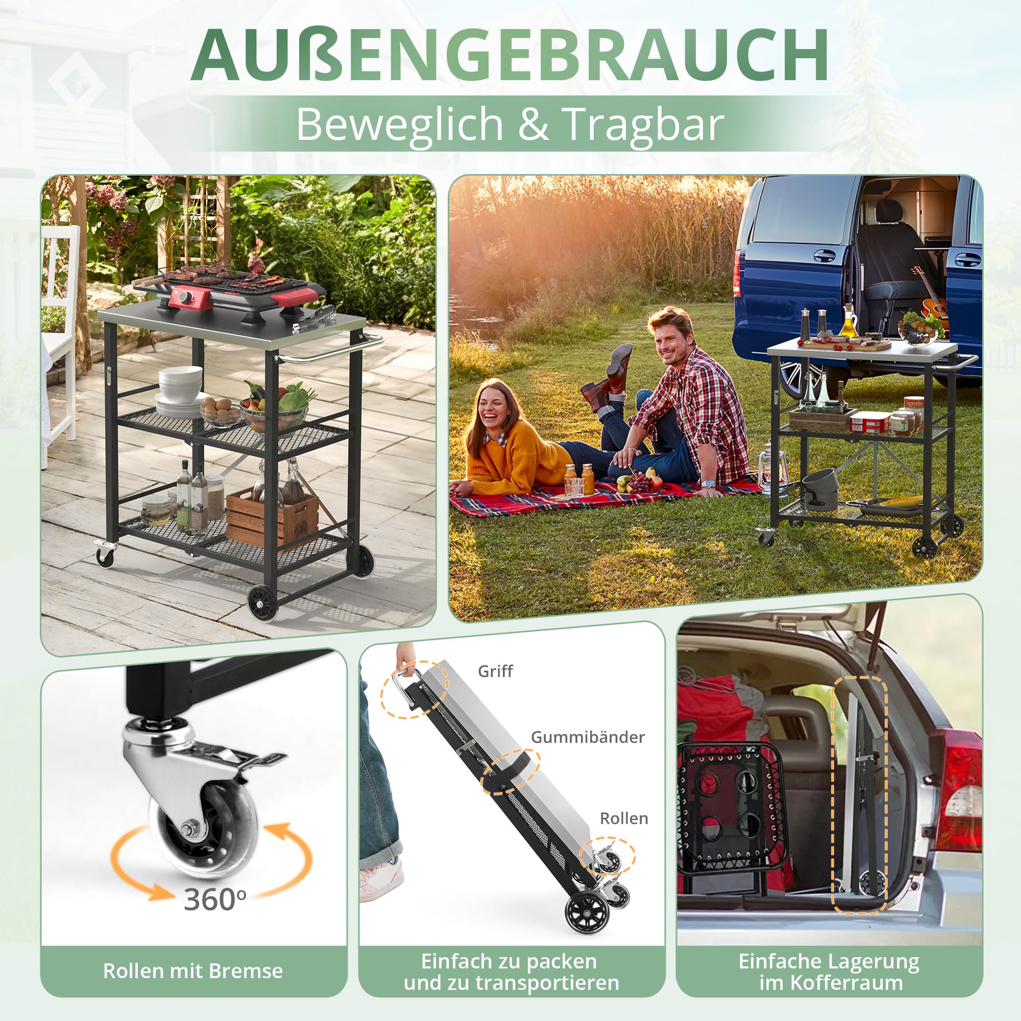 LUE BONA Grillwagen Zusammenklappbar mit Edelstahl-Tischplatte, Outdoorküche Beistelltisch auf Rädern