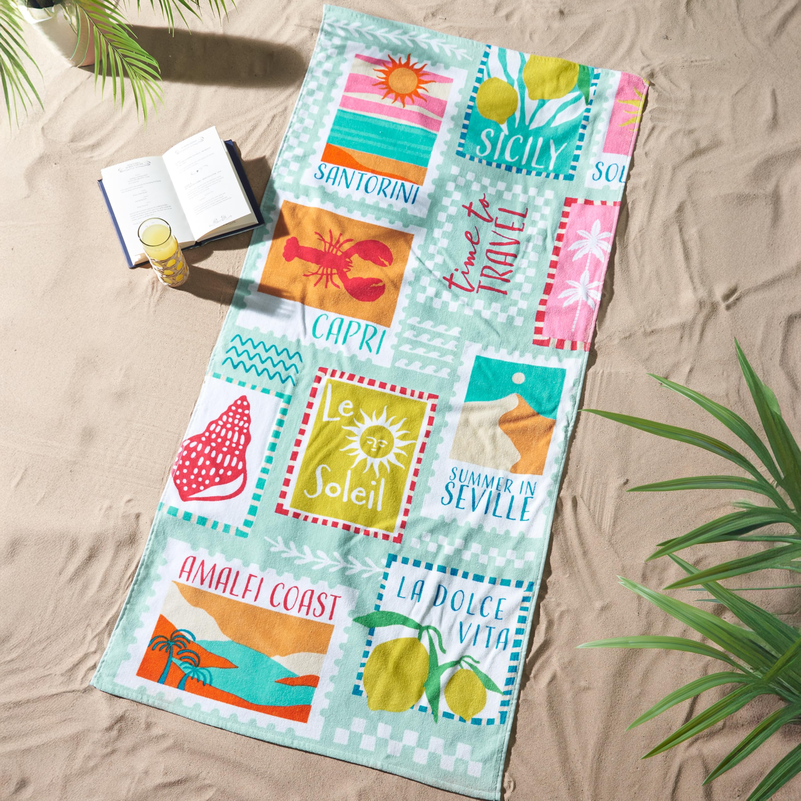 Catherine Lansfield Postcards 76x160cm Cotton Beach Towel Sage Green