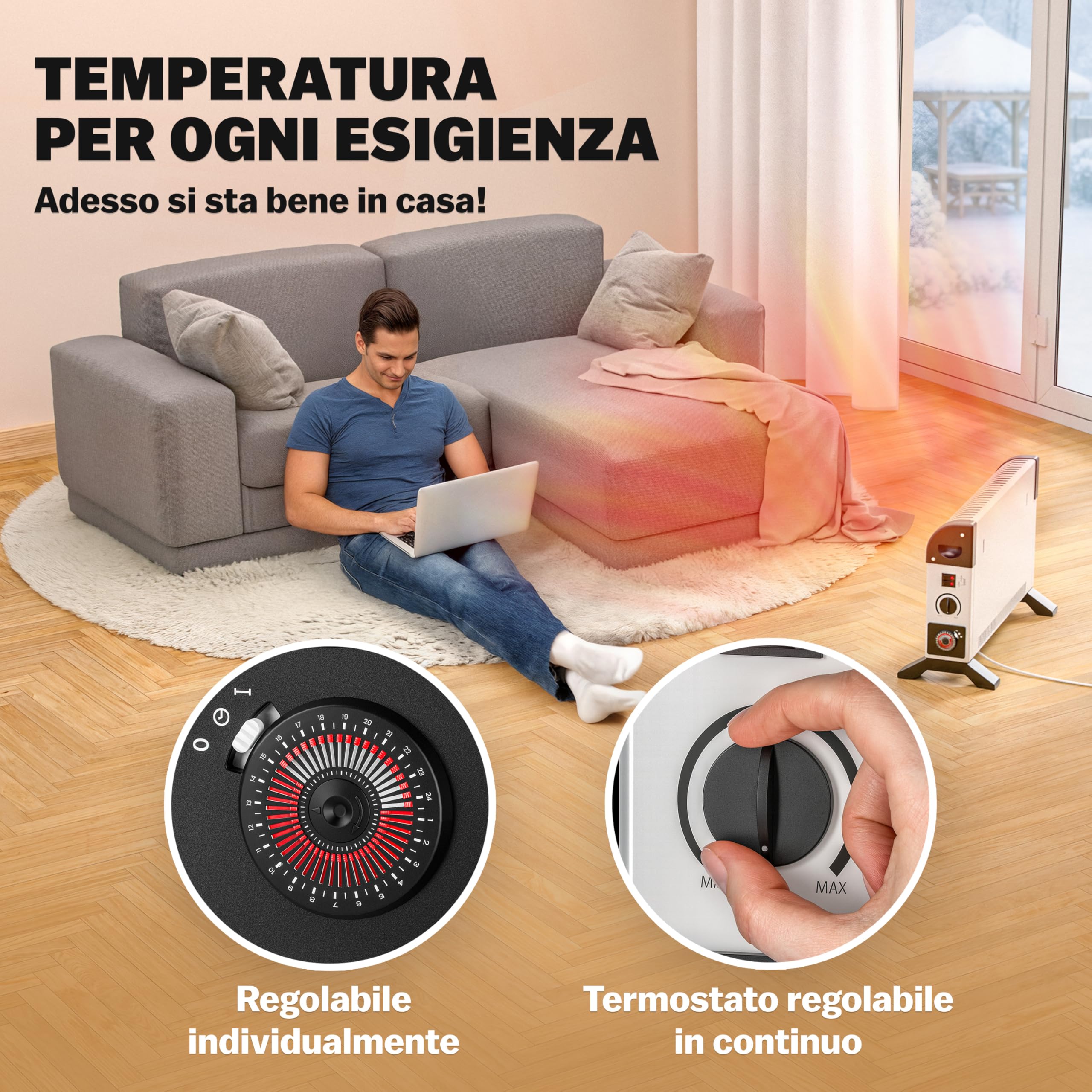 MONZANA Stufa Elettrica a Convettore 2000 W incl. Timer 24 h 3 Livelli di Riscaldamento Termostato Radiatore Elettrico