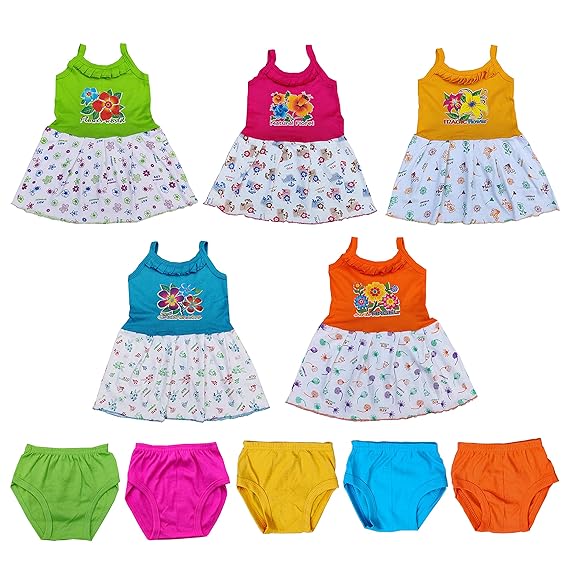 New Born Baby Girls Knee Length Cotton Frock Combo Pack (Set of 5) (6-12 Months, Multicolor)