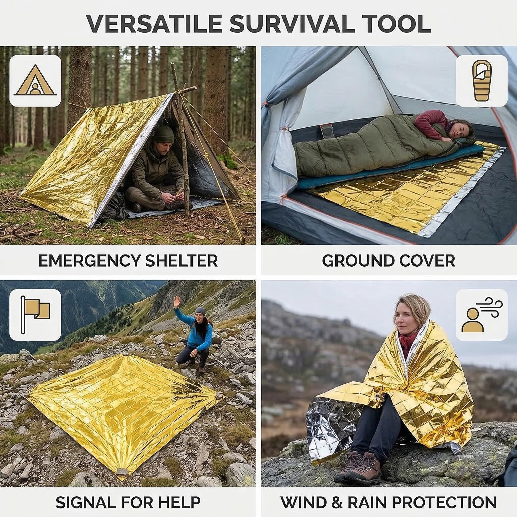 Manta Térmica Supervivencia 2 Piezas 210x160cm Doble Cara Dorada Plateada Emergencia Rescate