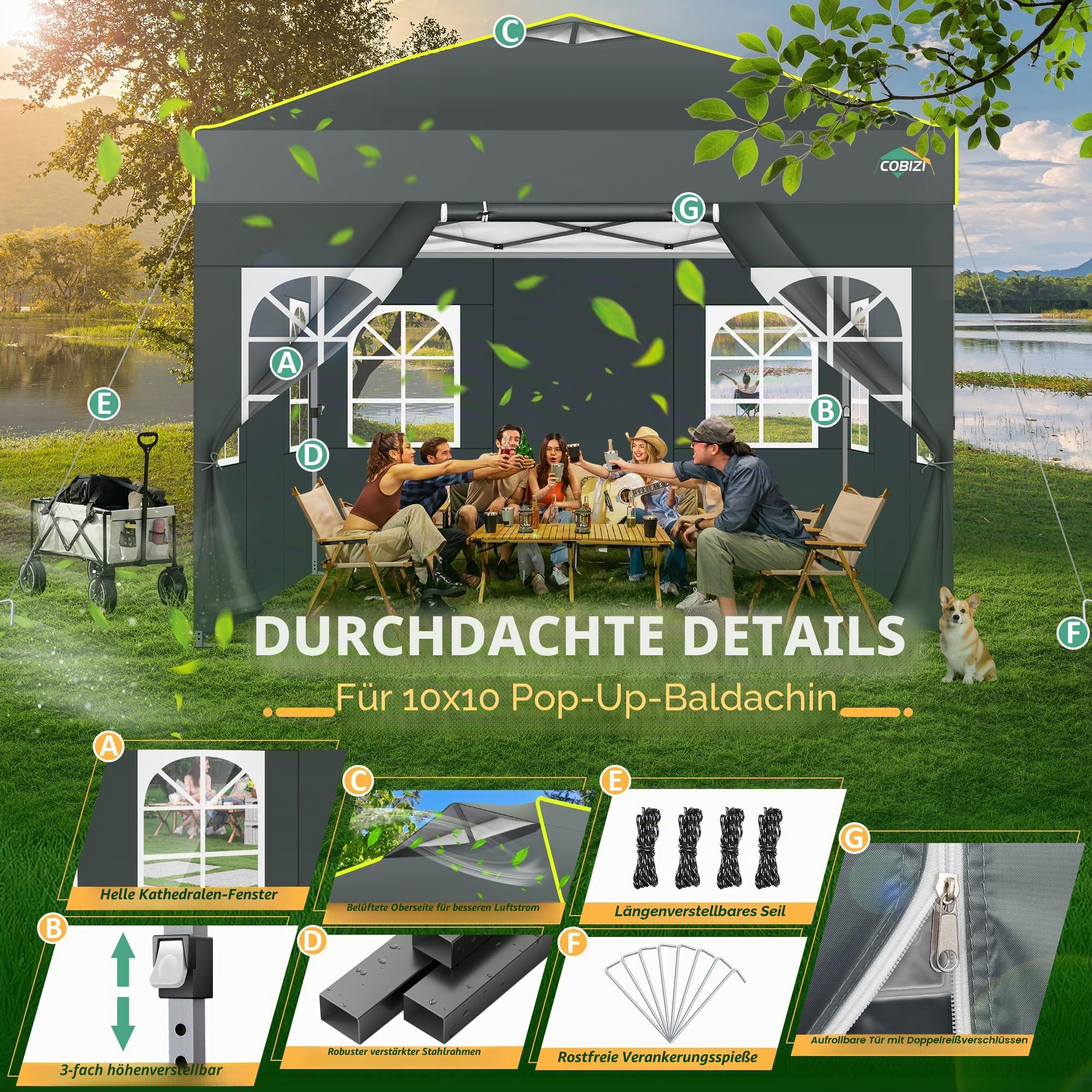COBIZI Pavillon 3x3m Wasserdicht Stabil Winterfest Faltpavillon Partyzelt Gartenpavillon Pop Up Pavillon Klappbar Zelt mit 4 Seitenwnden Belüftungsöffnungen, Sandsack für Markt, Freien Event,Grau