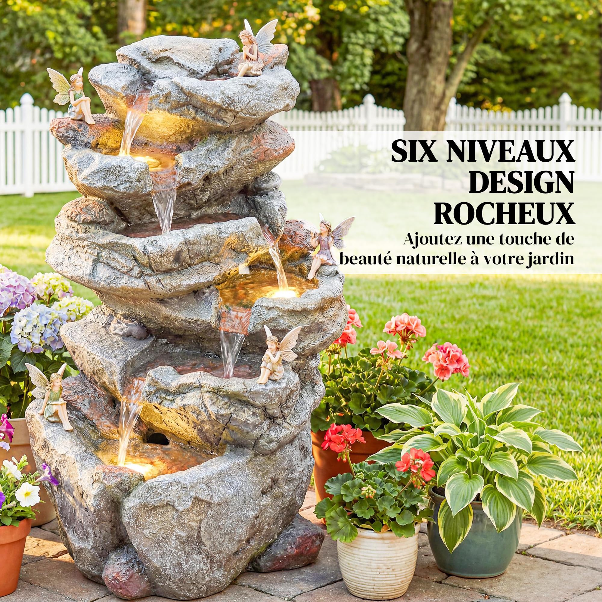 Outsunny Fontaine de Jardin Cascade 6 Niveaux - Décoration de Jardin Zen Résine Pierre Naturelle - 53cm Cascade d'eau Lumineuse LED pour Terrasse, Balcon et Extérieur, Gris