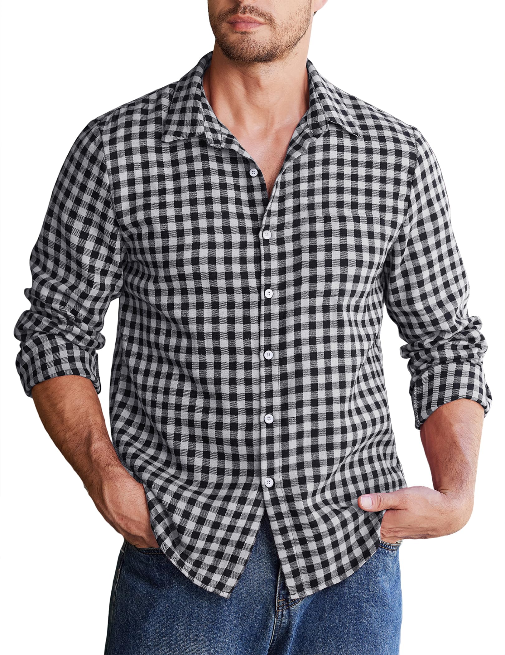 COOFANDY Herren Kariertes Hemd Langarm Baumwoll Fanellhemd Regular Fit Karohemd Freizeithemd Flanell Trachtenhemden Männer Button Down Arbeitshemd