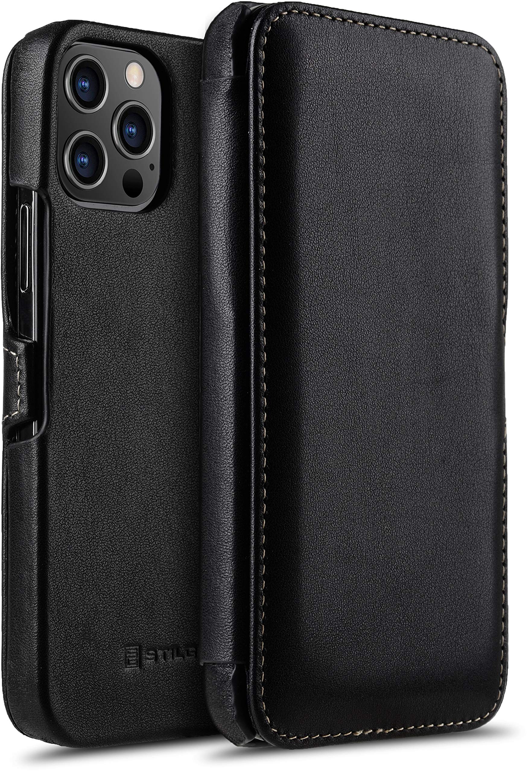 StilGut Book Type Flip Case for iPhone 12 Pro Max (6.7"), Genuine Leather iPhone 12 pro Max case with Closure, Black Nappa