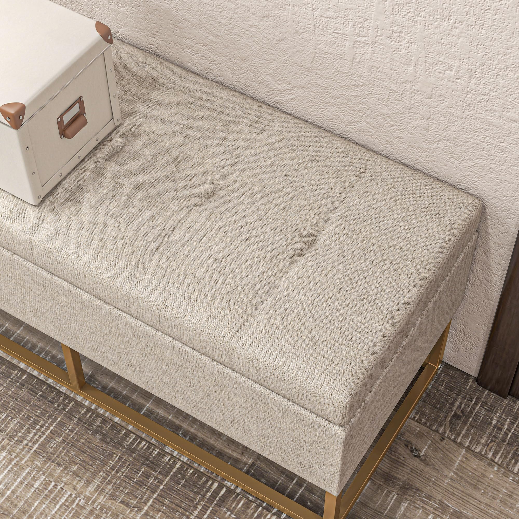 HOMCOM Baúl de Almacenaje para Dormitorio Puff de Almacenaje Tapizado de Lino Sintético con Tapa Abatible y Patas de Acero para Salón 110x44x48 cm Beige