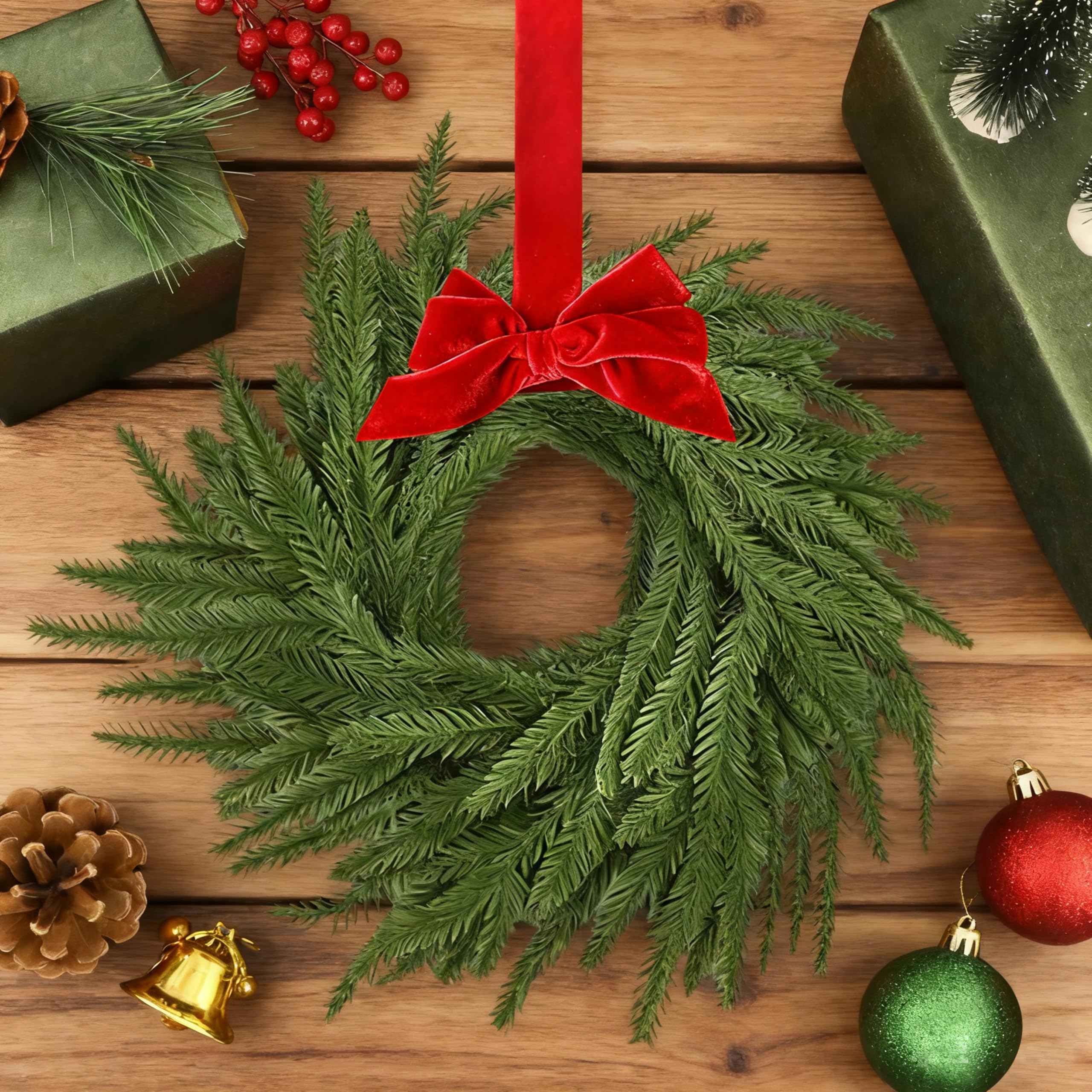Paquete de 8 coronas pequeñas de Navidad Norfolk de 7.8 pulgadas para armarios de cocina con cinta de lazo de pino de Norfolk de tacto real, decoración colgante para ventana de Navidad, puerta