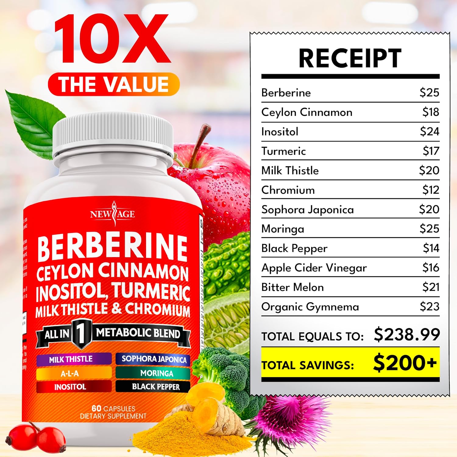 Berberine and Ceylon Cinnamon Supplement - Bitter Melon, Glucomannan, Gymnema Sylvestre, Chromium, Moringa, Milk Thistle, Turmeric, Inositol Pills - 180 Count