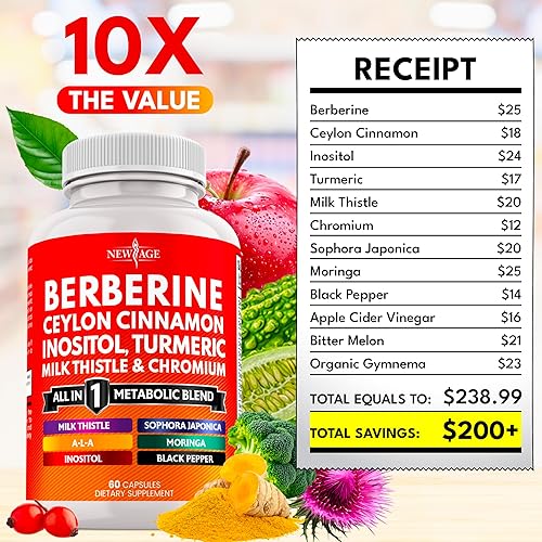 Miniatura 5 de Suplemento de berberina y canela de Ceilán - Melón amargo, glucomanano, Gymnema Sylvestre, cromo, moringa, cardo mariano, cúrcuma, pastillas de