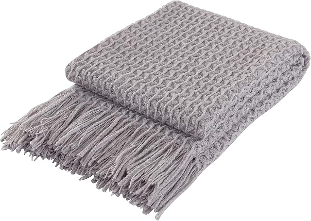COASTLINE Super Soft Decorative Grey Knit Throw Blanket for Sofa Couch Chair Bed, Lightweight Travel Blanket Nap Throw, Cashmere-like Soft and Cozy, Delicate Weave Pattern with Fring,127x152cm