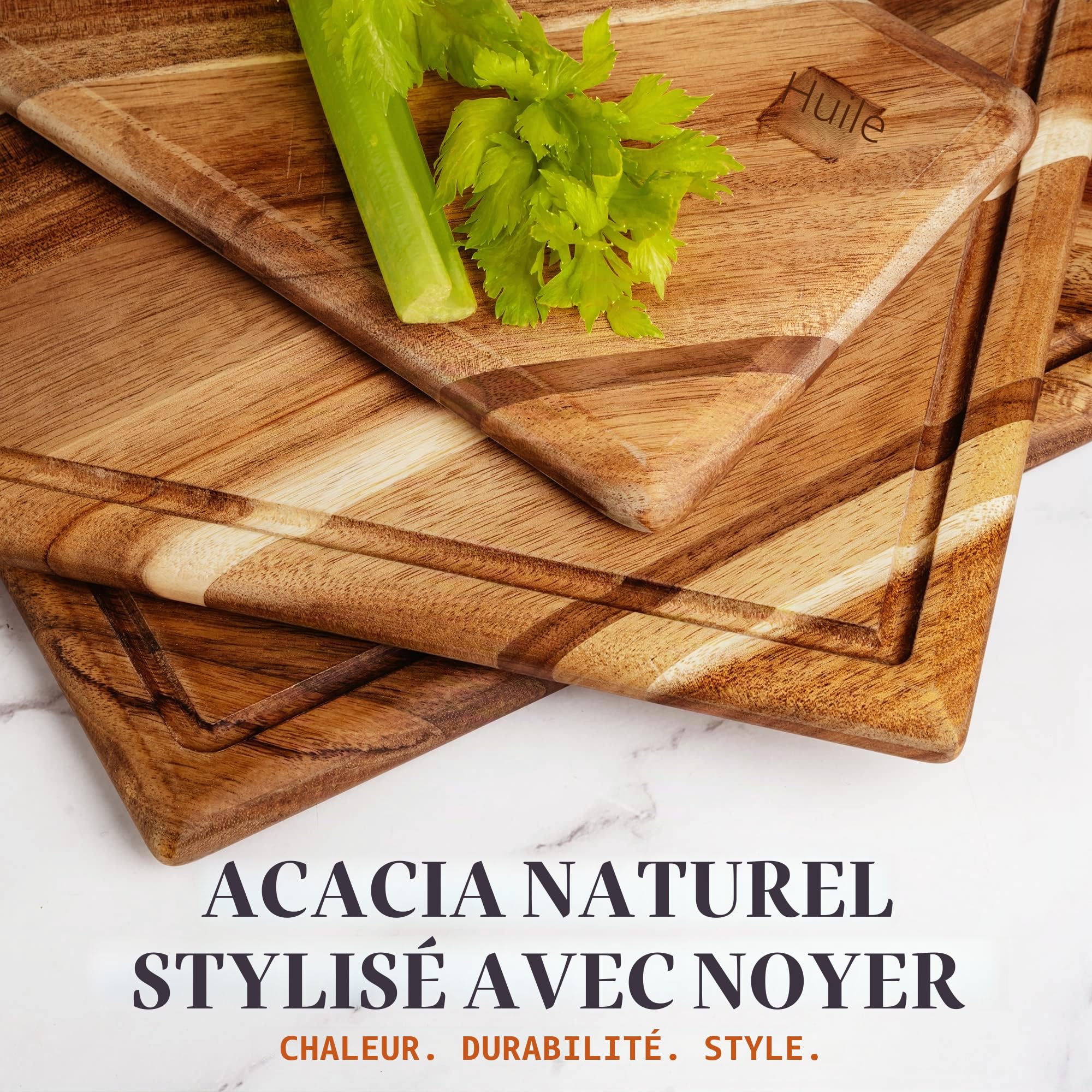 Ensemble de planches à découper Chorus en bois avec rainure à liquides (3 pièces) - Planches de cuisine en acacia, pour découper la viande, les légumes, le fromage - 100% bois naturel