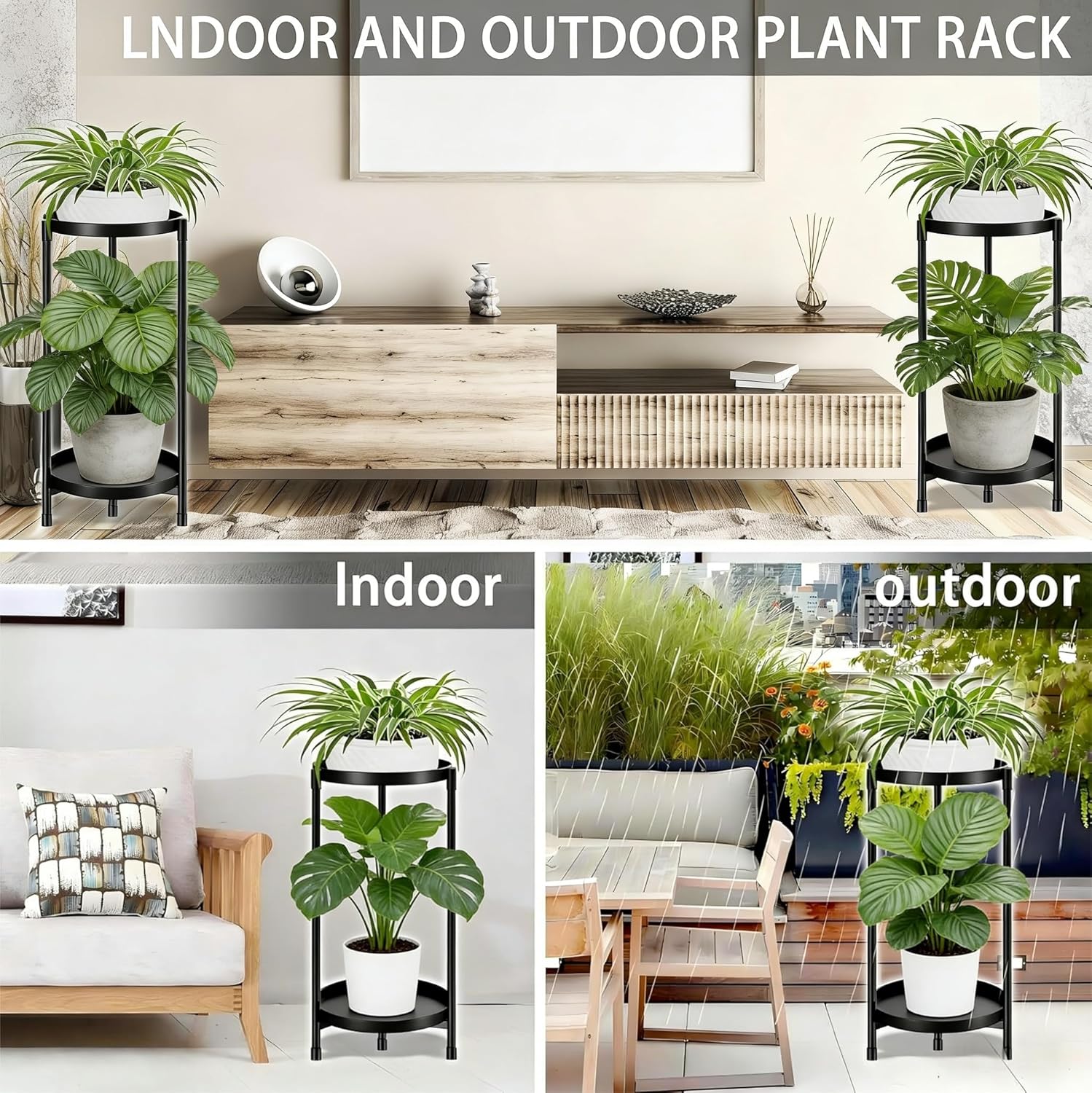 Plant Stand indoor outdoor - 2 Tier black Tall Metal Flower Pot Holder Potted Display Rack - Heavy Duty Corner Plant Shelf for Patio Garden Balcony Living Room Bedroom