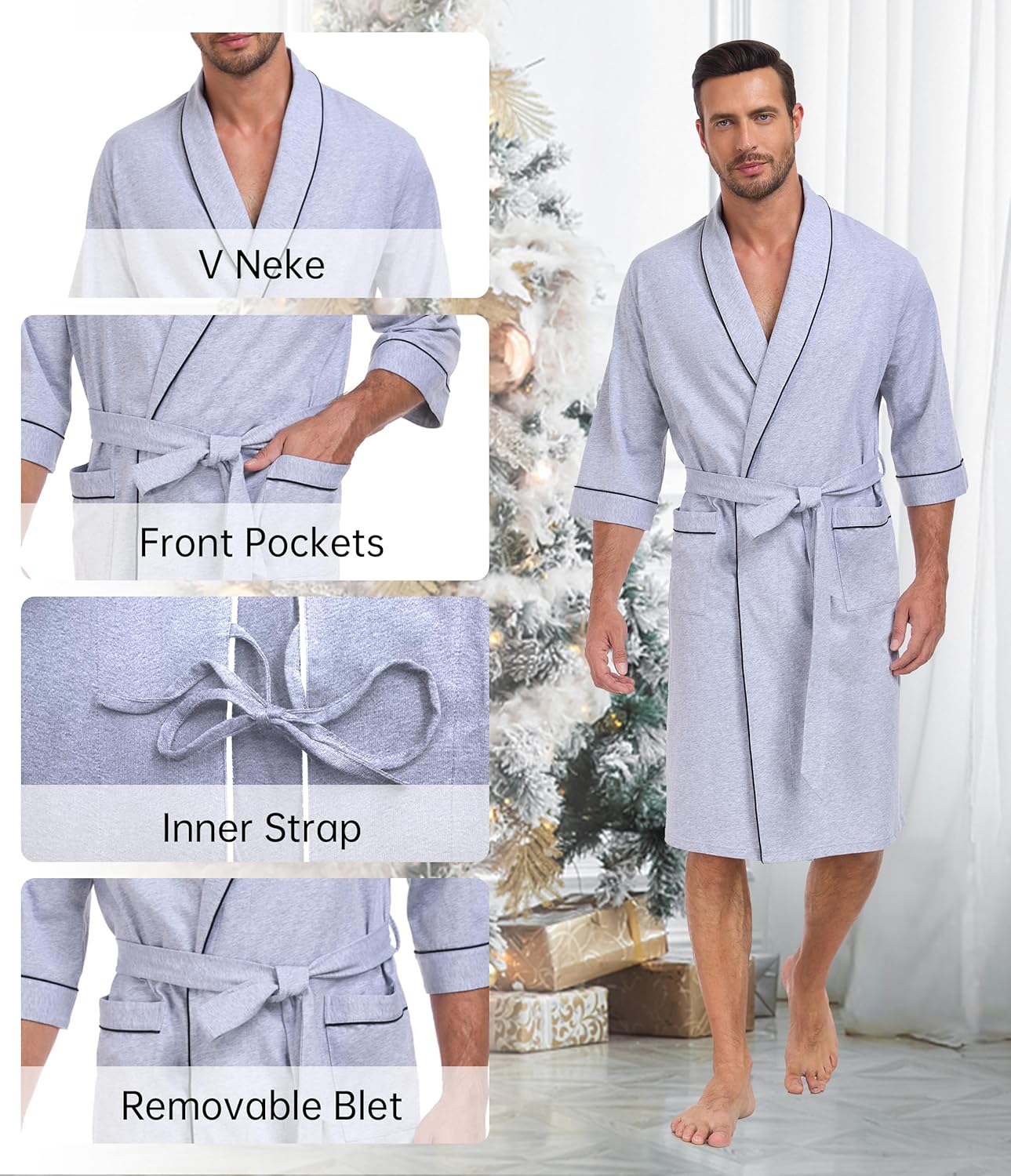 COLORFULLEAF 100% Cotton Men's Bathrobes Lightweight Short Sleeve Robes，Summer Soft Breathable Knit Spa Robe for Men - Image 3