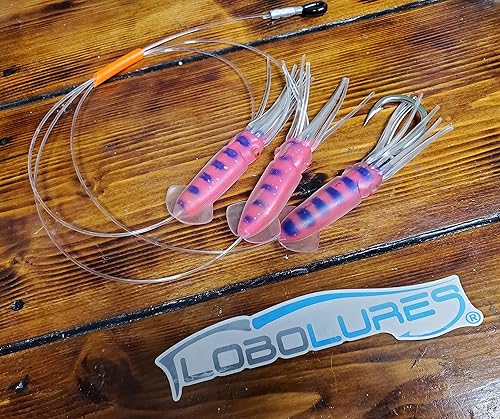 Miniatura 4 de Lobo Lures Cadena de calamar de cuerpo suave, color rosa y azul, caramelo de atún de 4.5 pulgadas, gran juego, pesca, margarita, señuelo de arrastre