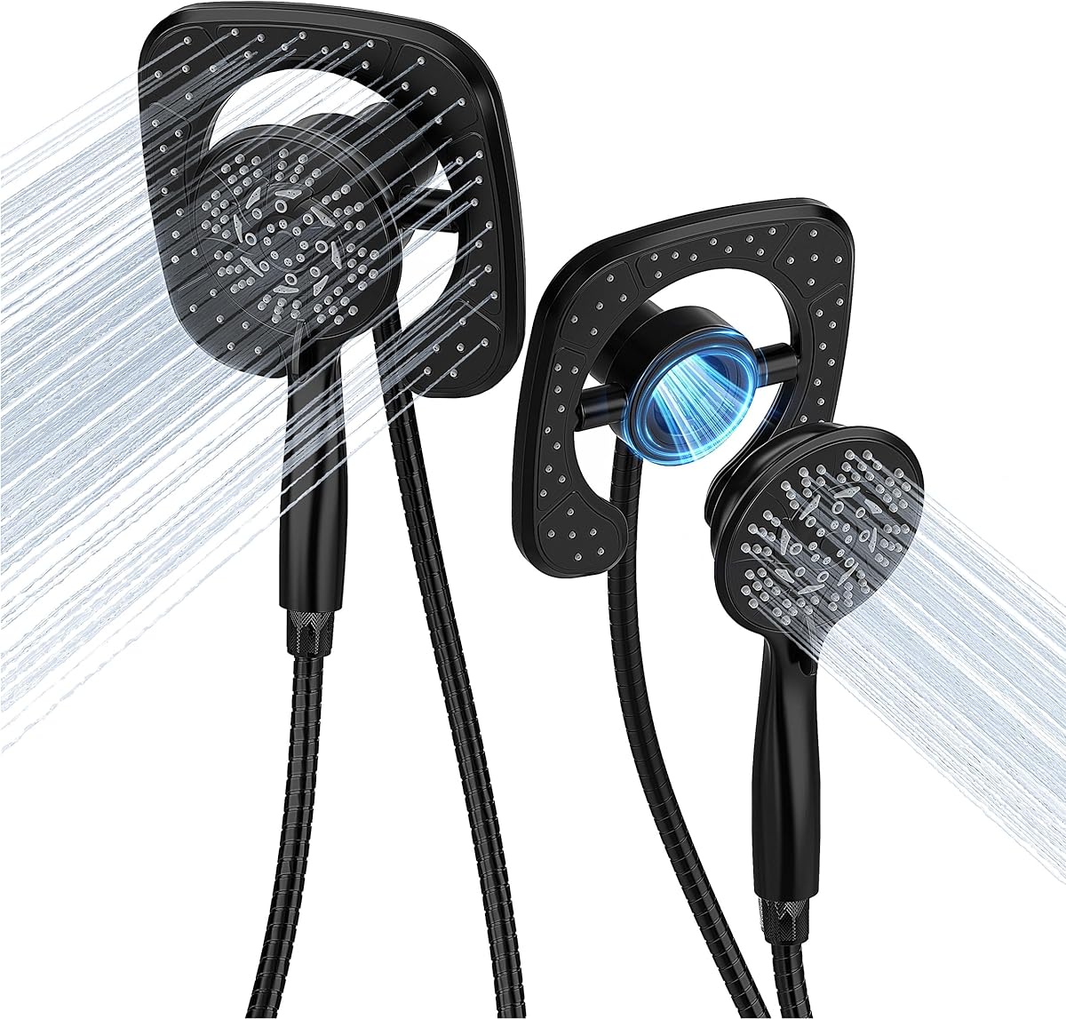 PRIMSOPH Shower Head Handheld Spray Combo 10 Mode Spray Settings Magnetic 2-in-1 High Pressure Dual Showerhead Auto-Switch Square Combination, Matte Black