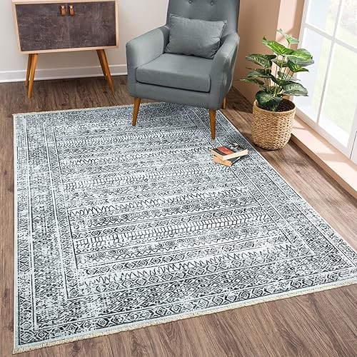 Bloom Rugs Alfombra Caria lavable, antideslizante, de 3 x 5 pies, color marfilnegro, para sala de estar, dormitorio, comedor y cocina, tamaño exacto