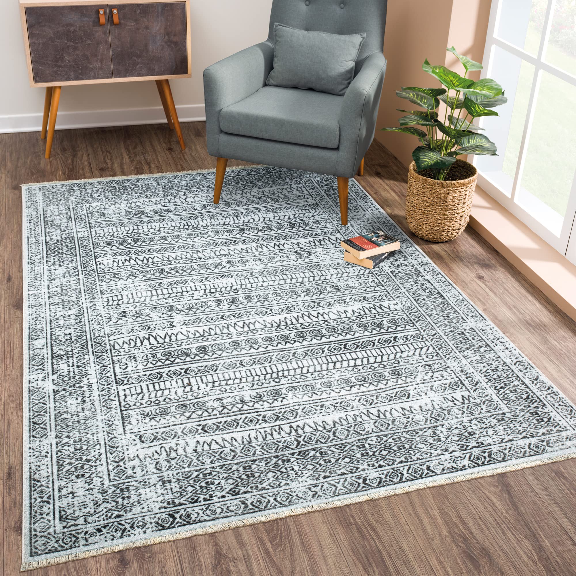 Bloom Rugs Caria Washable Non-Slip 3x5 Rug - Ivory/Black Geometric Area Rug for Living Room, Bedroom, Dining Room, and Kitchen - Exact Size: 3' x 5'