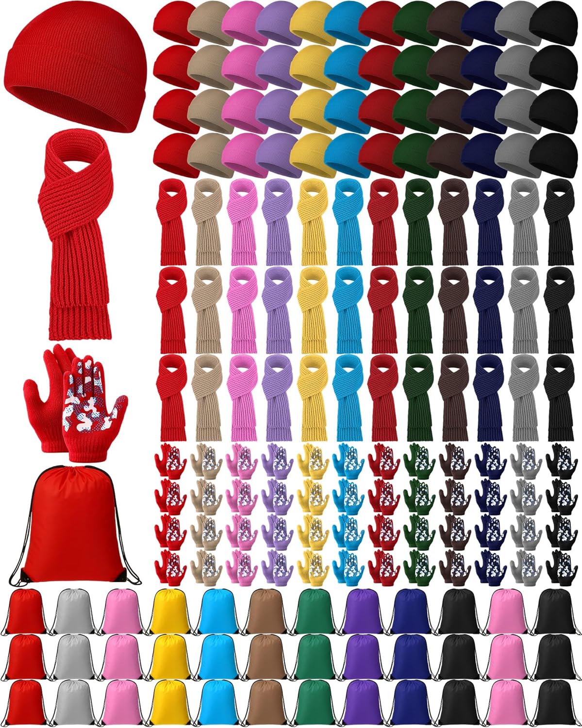 48 Set Kids Beanie Hat Scarf Gloves Set with Bag for Boys Girls Winter Gift, Christmas Donation, Homeless Care Package Bulk